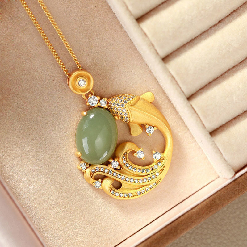 Buddha Stones Cian Jade Koi Fish Curación Calma Collar Colgante - image 6