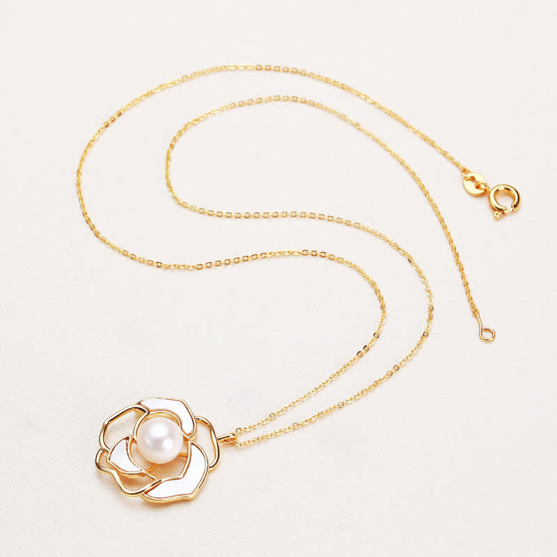 Pendientes con colgante de collar de felicidad con diseño de camelia y perlas de plata de ley 925 con Buddha Stones