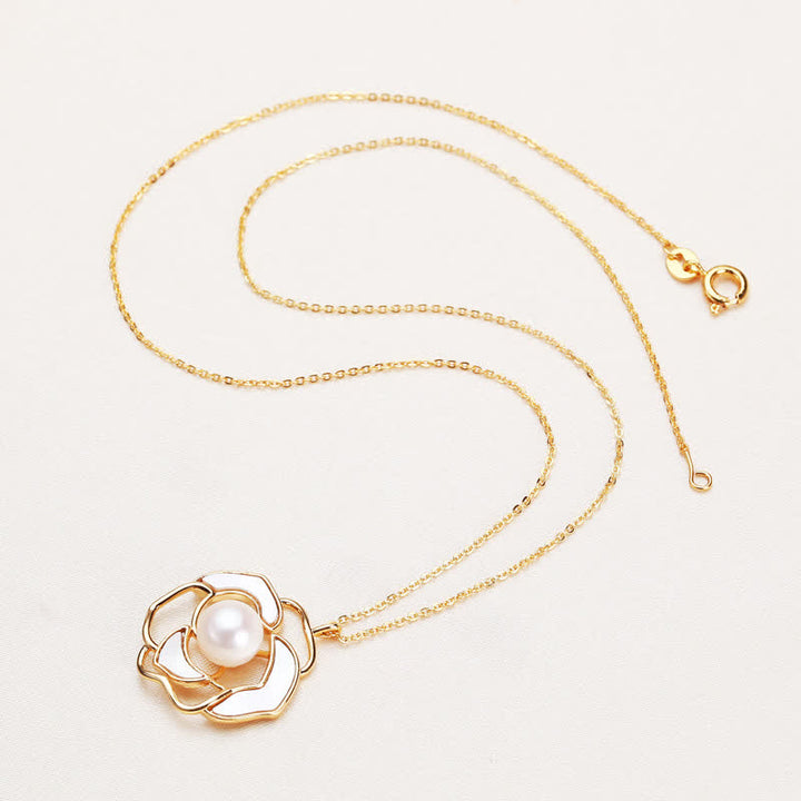 Pendientes con colgante de collar de felicidad con diseño de camelia y perlas de plata de ley 925 con Buddha Stones