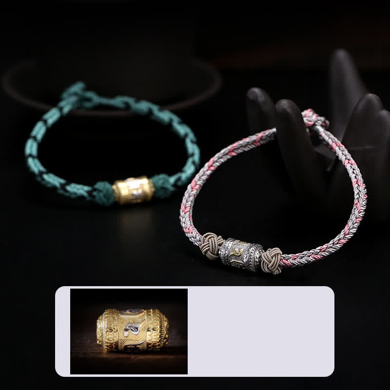 Pulsera de hilo rojo de plata de ley 925 con Buddha Stones Om Mani Padme Hum, rueda de oración, fuerza de la suerte