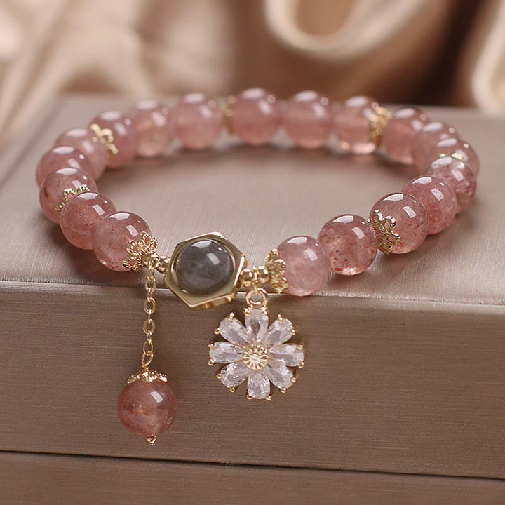 Pulsera curativa positiva con dije de flor de Margarita y cristal de cuarzo fresa Natural