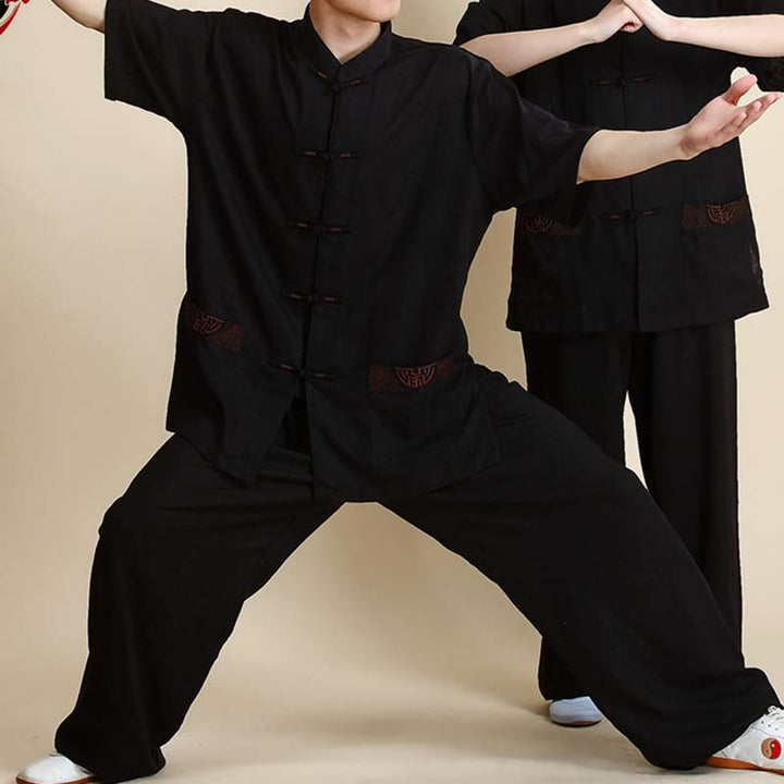 Conjunto de ropa unisex con bordado de Buddha Stones para meditación, oración zen, práctica espiritual de tai chi y qigong - Bordado negro de manga corta - US14, UK/AU18, EU46 (3XL) - image 24