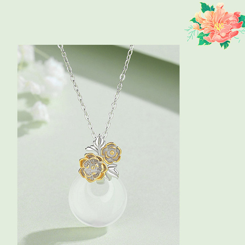 Colgante de collar de armonía de flores de doce meses de calcedonia redonda de plata de ley 925 con Buddha Stones