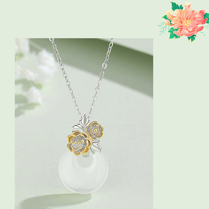 Colgante de collar de armonía de flores de doce meses de calcedonia redonda de plata de ley 925 con Buddha Stones