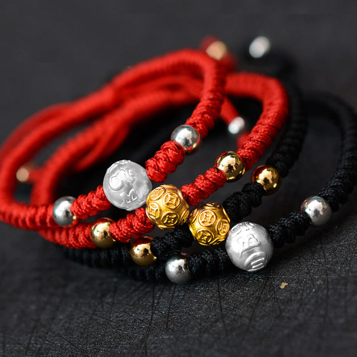 Pulsera de pareja de cuerda de fuerza de la suerte con moneda de cobre Om Mani Padme Hum de plata de ley 999 con Buddha Stones
