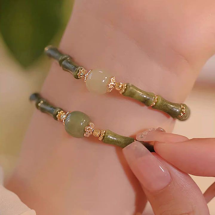 Pulsera de la suerte con patrón de bambú de jade hetiano, peridoto chapado en cobre de 14 quilates con Buddha Stones
