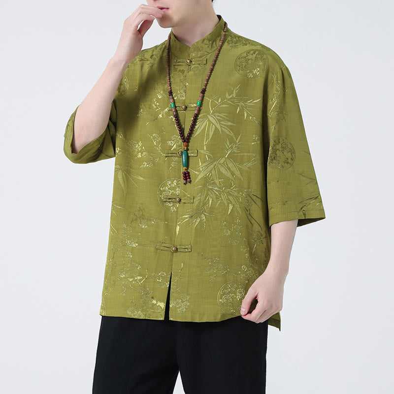 Camiseta china de media manga con botones de rana y hojas de bambú, flor de melocotón, Buddha Stones , camiseta para hombre