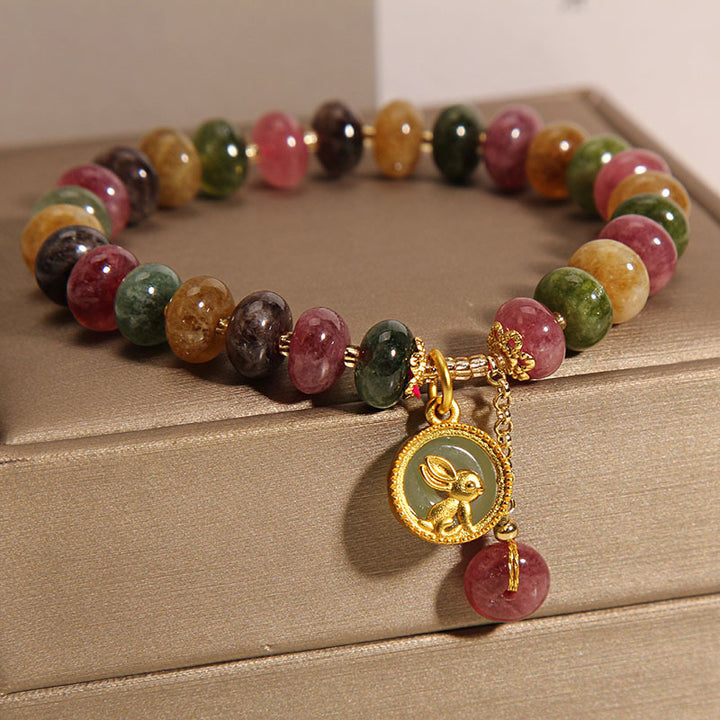 Pulsera positiva con dije de conejo lindo de turmalina colorida natural con Buddha Stones