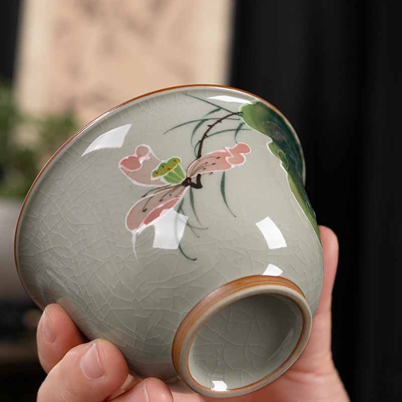 Buddha Stones, loto, pez Koi, hoja de vaina, taza de té de cerámica Gaiwan Sancai, taza de té de Kung Fu y platillo con tapa, 140ml