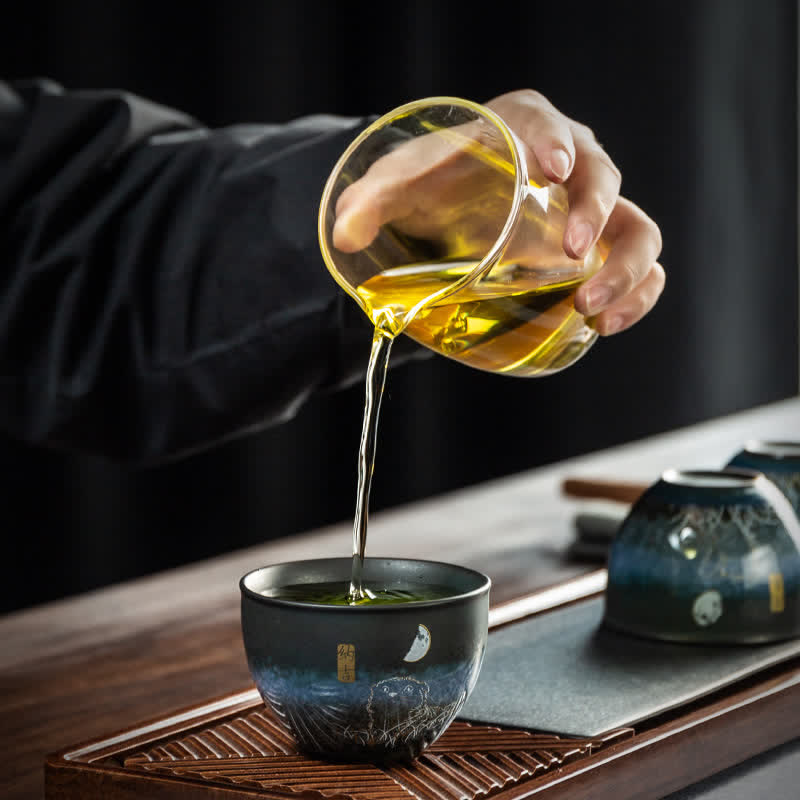 Taza de té de cerámica con Buddha Stones, tazas de té negras con gato encantador, 140ml