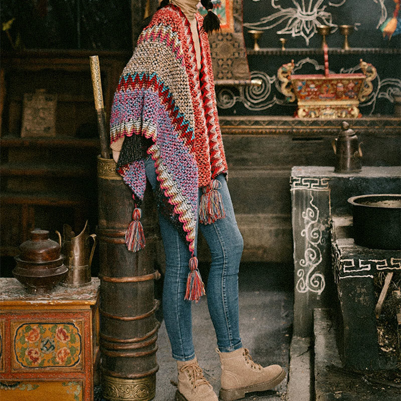 Chal tibetano con Buddha Stones , capa cálida, bufanda tibetana con borlas - image 7