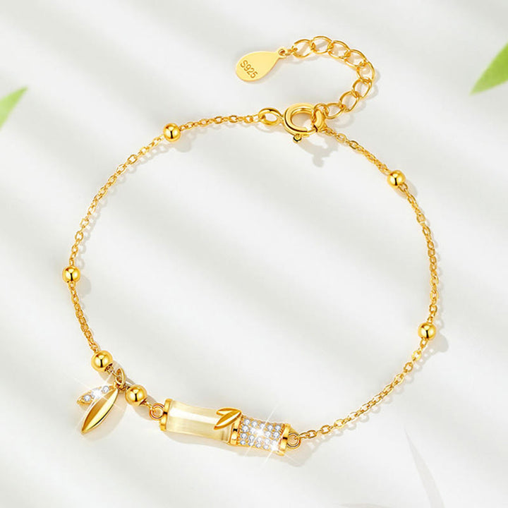 Pulsera de la suerte con hojas de circón de bambú y jade blanco chapada en oro de 18 quilates de plata de ley 925 con Buddha Stones