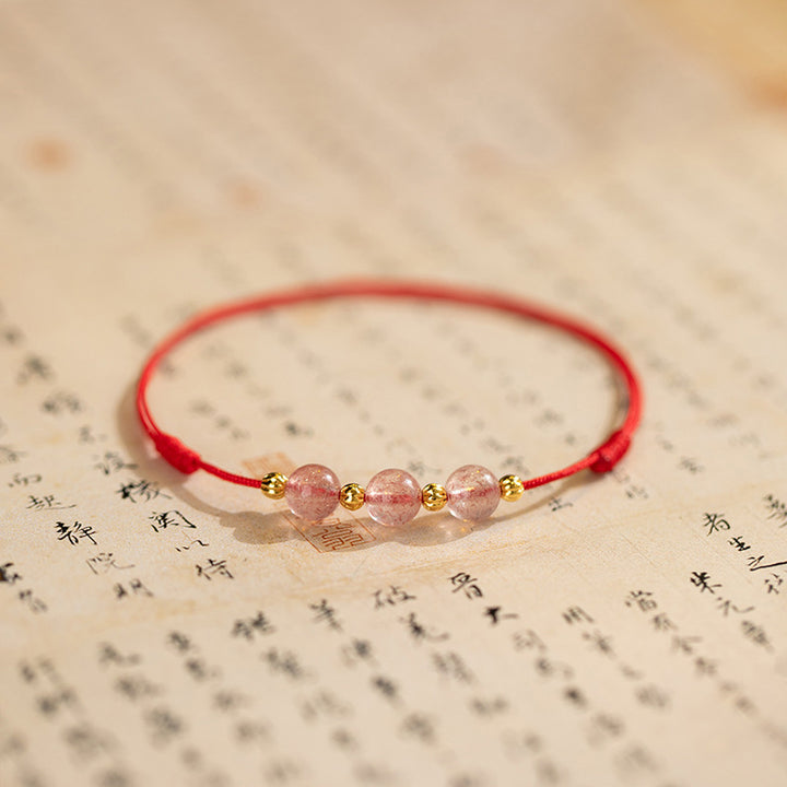 Tobillera con hilo rojo de la suerte con cuentas de cristal de fresa y piedras de Buddha Stones