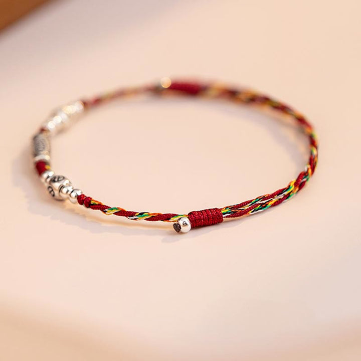 Pulsera tobillera de hilo colorido trenzado con pez Koi de la suerte de plata de ley 925 con Buddha Stones