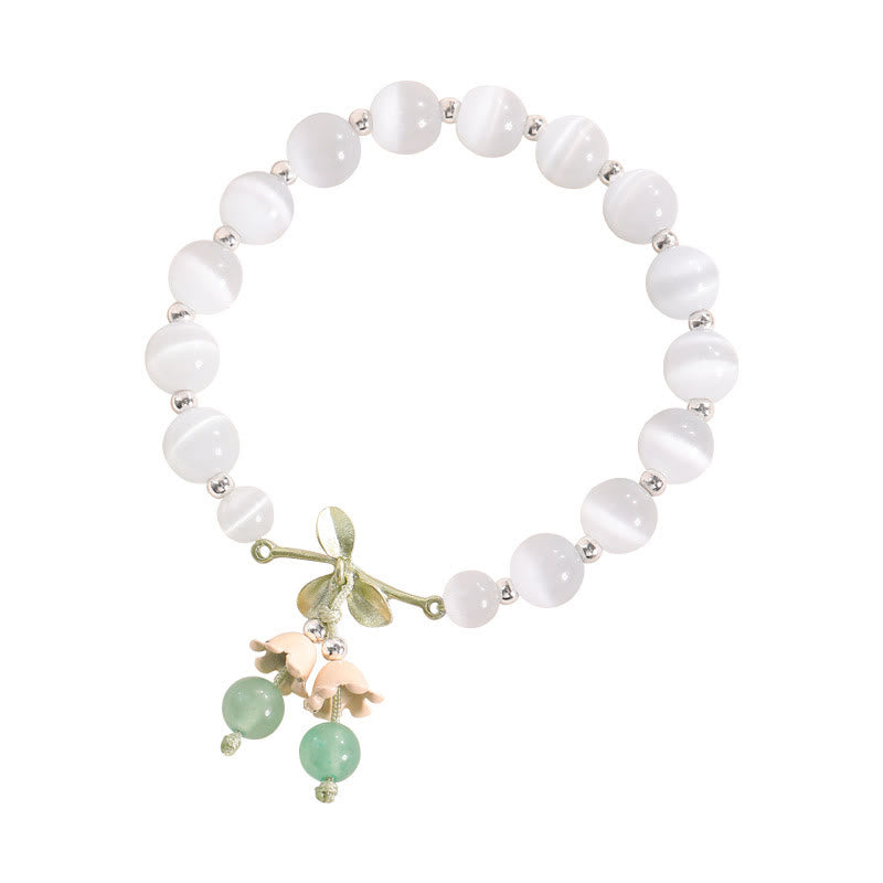 Pulsera con dije de orquídea de la paz, cristal rosa, calcedonia azul, aventurina verde, ojo de gato , Buddha Stones