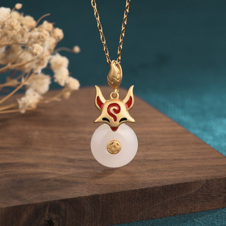 Buddha Stones Jade blanco Zorro Cobre Moneda Protección Suerte Collar Colgante