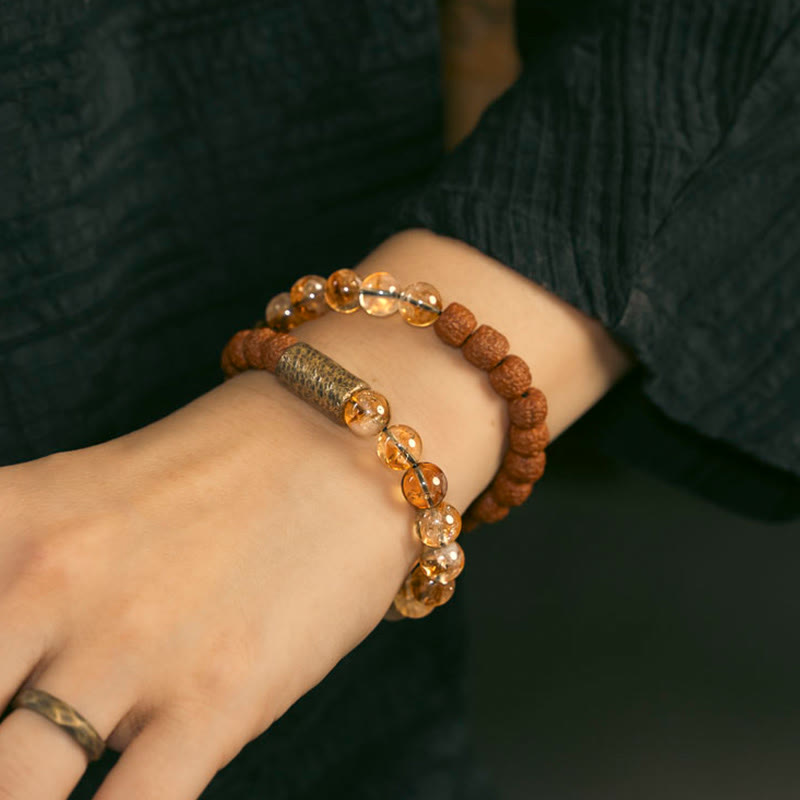 Buddha Stones, cristal de citrino Natural, Rudraksha, semilla de Bodhi, cuentas de latón, pulsera de doble envoltura para prosperidad