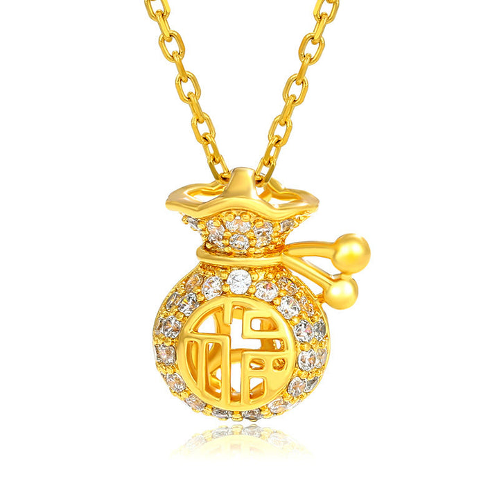 Collar con colgante de bolsa de dinero de la fortuna con personaje Fu chapado en oro de 24 quilates