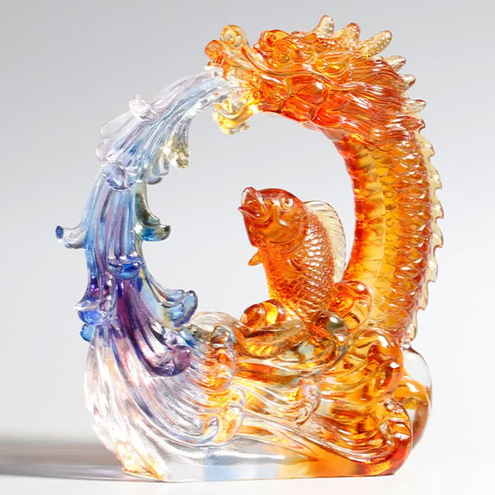 Buddha Stones Feng Shui Dragón Koi Pez hecho a mano Liuli Crystal Art Piece Decoración de la Oficina del Hogar