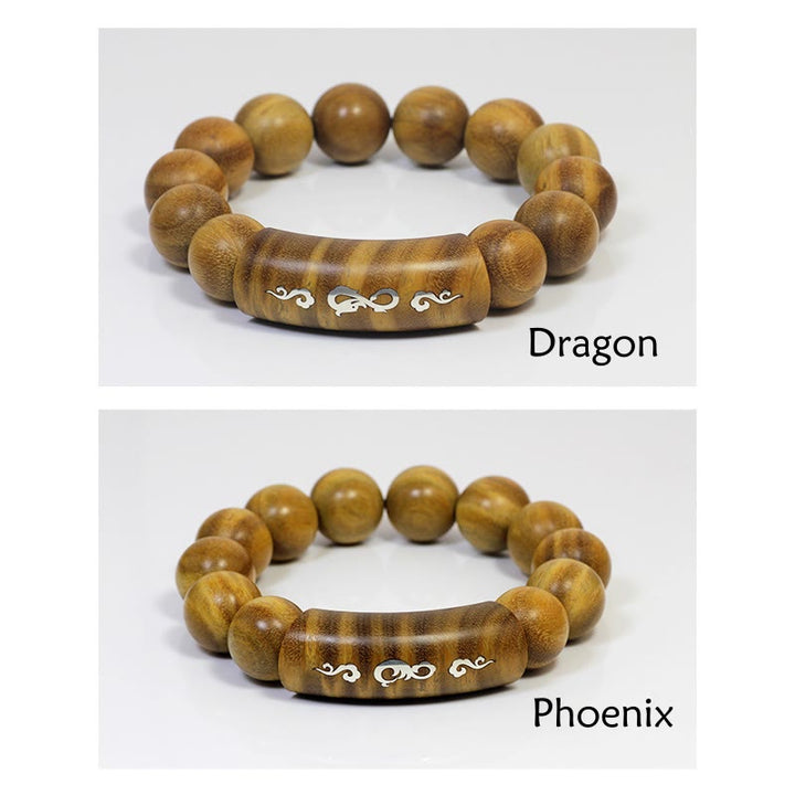Pulsera de plata de ley 999 con Buddha Stones, sándalo verde, Om Mani Padme Hum, dragón, Fénix, Dharmachakra, con incrustaciones de paz