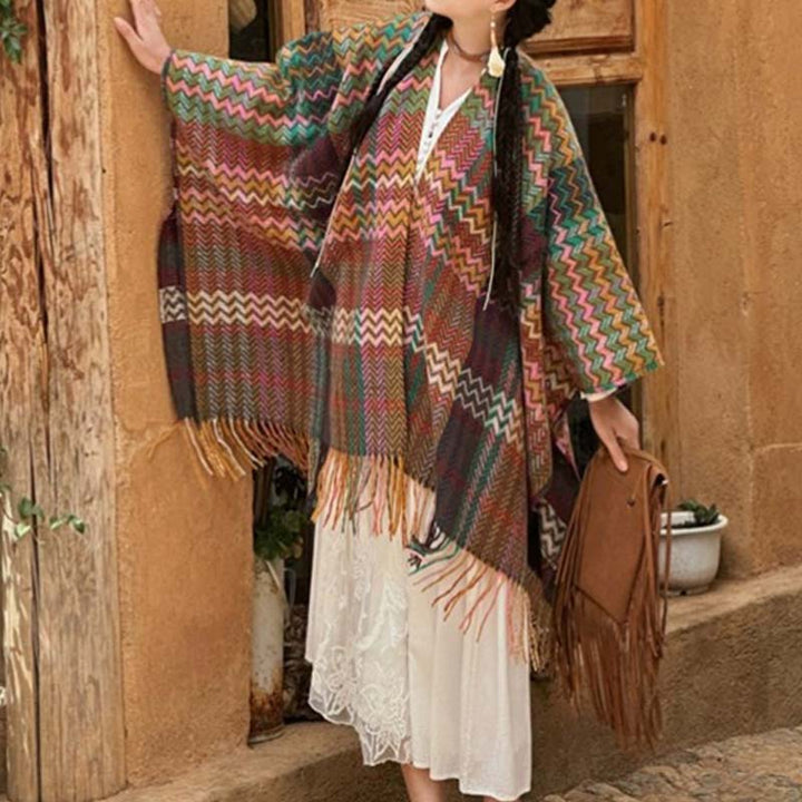 Chal tibetano con Buddha Stones , coloridas formas onduladas a rayas, borlas, bufanda de viaje acogedora para invierno