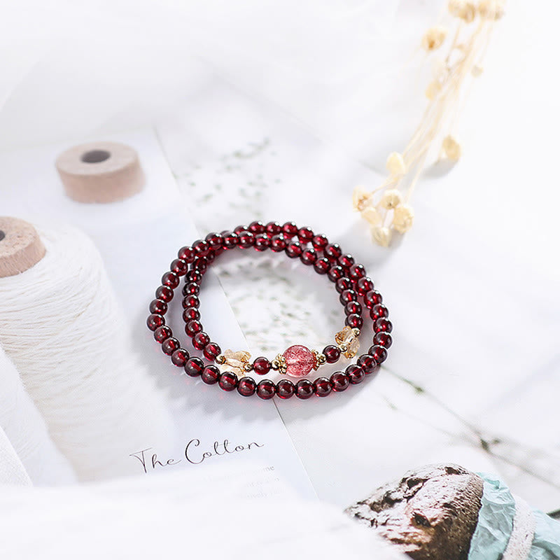 Pulsera de doble vuelta con protección de mariposa, cuarzo fresa, granate natural, chapada en oro de 14 quilates con Buddha Stones