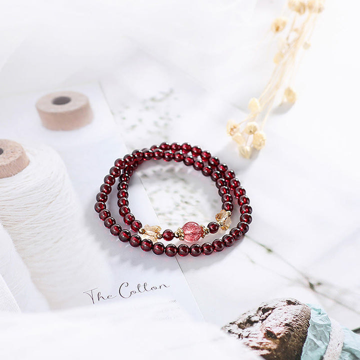 Pulsera de doble vuelta con protección de mariposa, cuarzo fresa, granate natural, chapada en oro de 14 quilates con Buddha Stones