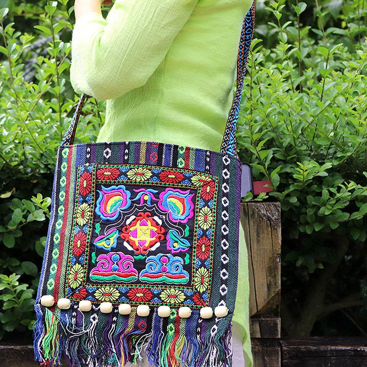 Bolso bandolera de lona de camelia bordado hecho a mano tibetano