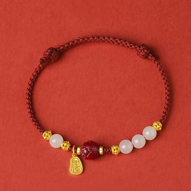 Pulsera de cuerda de la suerte de loto con cinabrio de jade blanco hetiano chapado en oro de 24 Buddha Stones