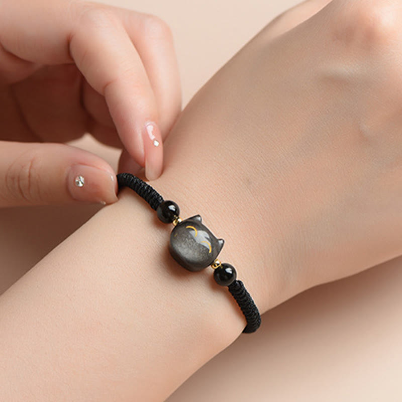 Buddha Stones hechas a mano, plata Natural brillante, obsidiana, cuarzo fresa, pulsera trenzada de protección de gato lindo - image 4