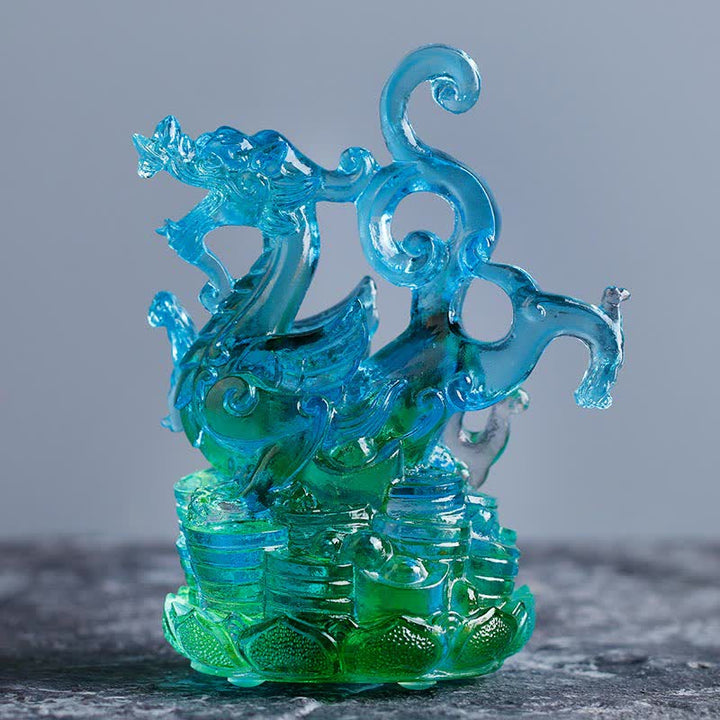 Buddha Stones Feng Shui, cuatro símbolos, dragón azul, pieza de arte de cristal Liuli hecha a mano, decoración para el hogar y la Oficina