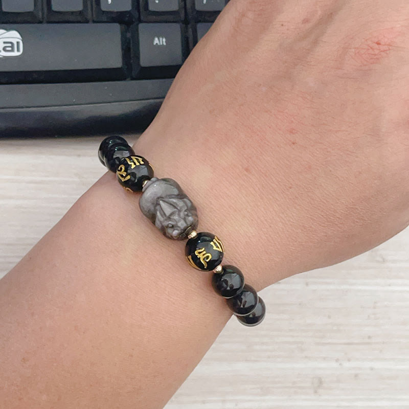 Buddha Stones Plata natural Brillo Obsidiana Obsidiana negra Om Mani Padme Hum Pixiu Pulsera de protección
