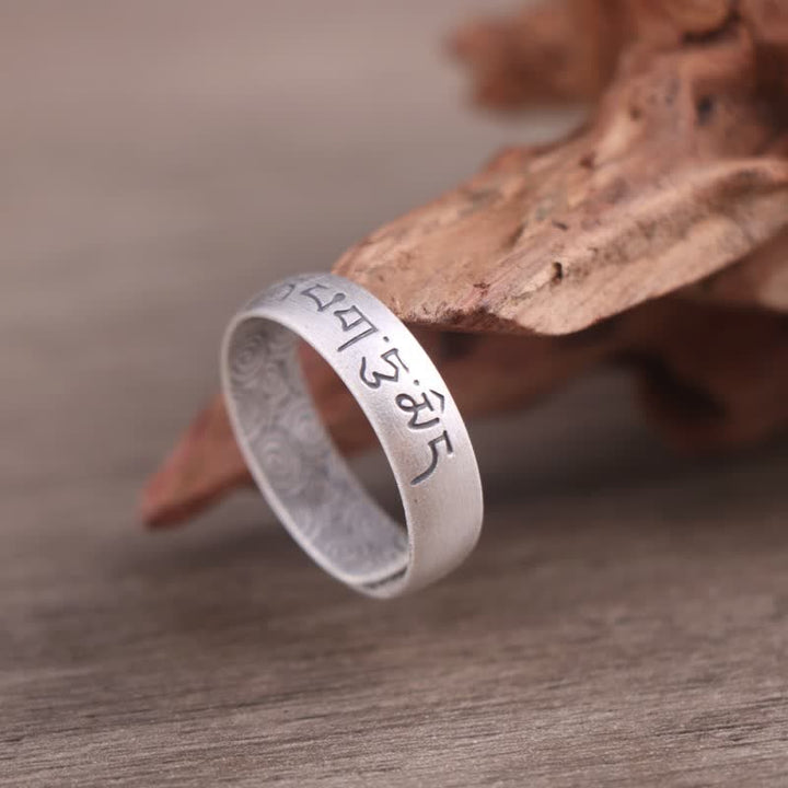 Anillo de bendición de seis palabras verdaderas con elefante de loto de plata de ley 999 con Buddha Stones