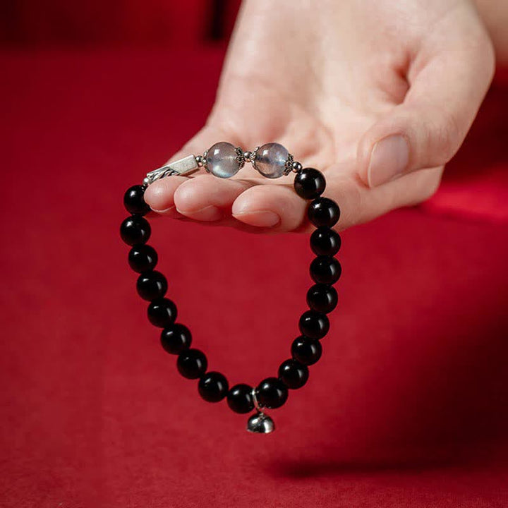 Pulsera de pareja de fuerza de piedra lunar de obsidiana de plata de ley 925