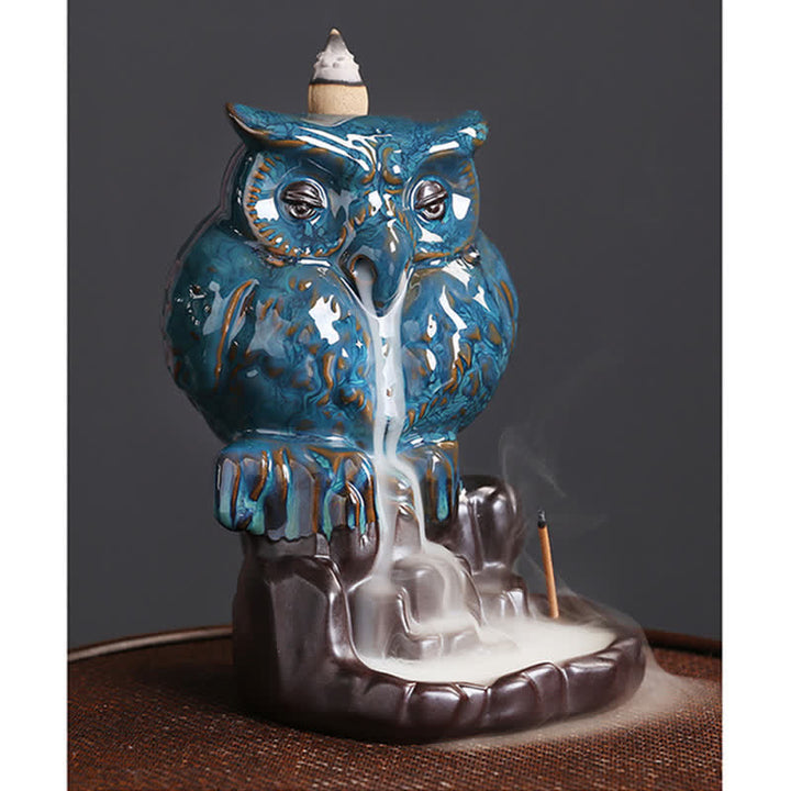 Quemador de incienso curativo para meditación, fuente de humo de reflujo de cerámica, búho bonito, decoración