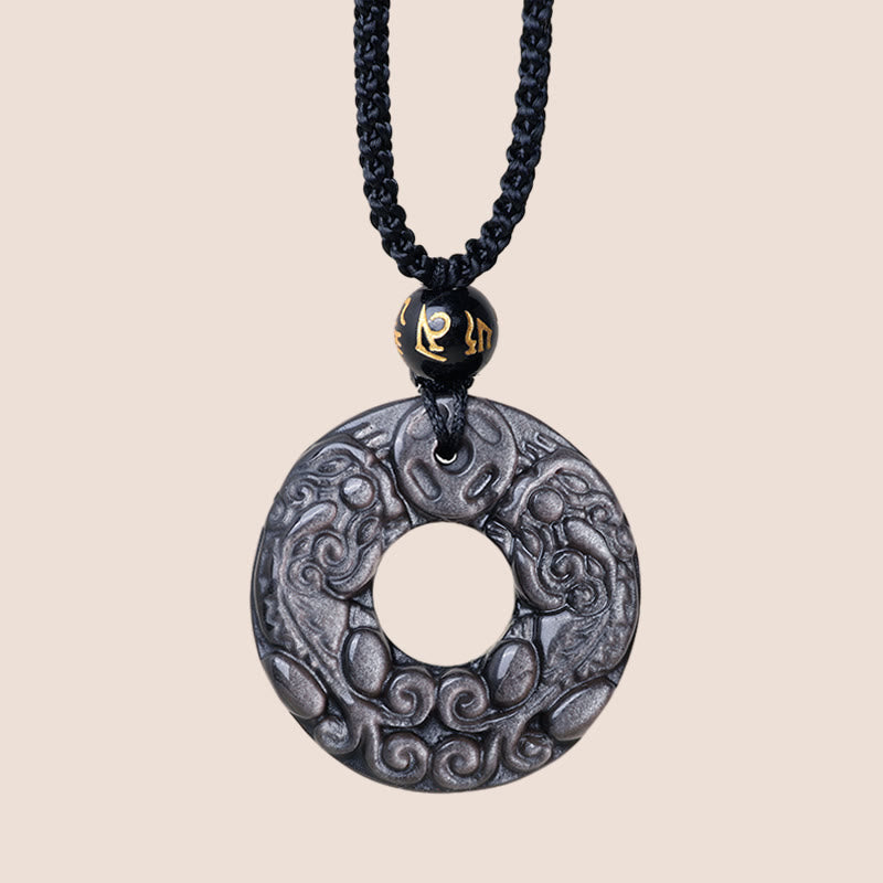 Colgante de collar de protección con hebilla de la paz, moneda de cobre PiXiu doble, obsidiana brillante de plata Natural , Buddha Stones - image 3