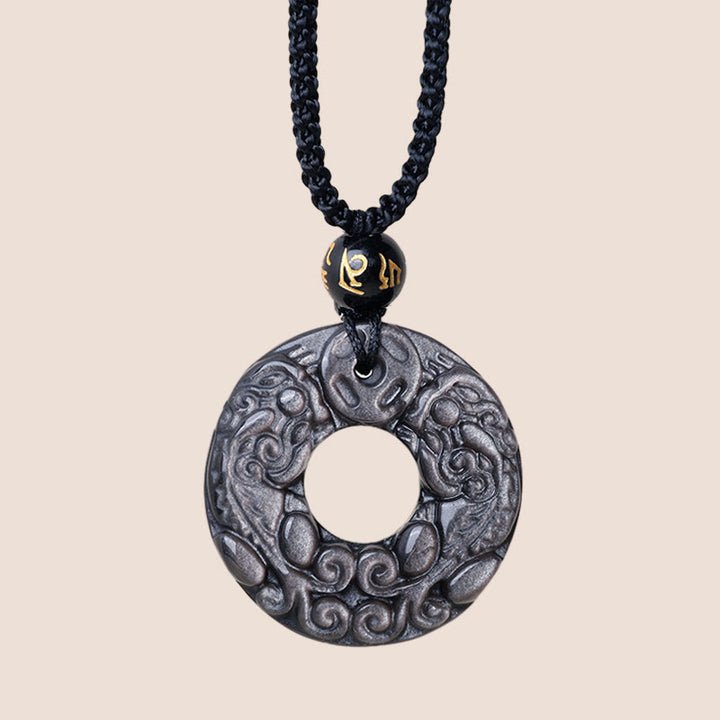 Colgante de collar de protección con hebilla de la paz, moneda de cobre PiXiu doble, obsidiana brillante de plata Natural , Buddha Stones - image 3