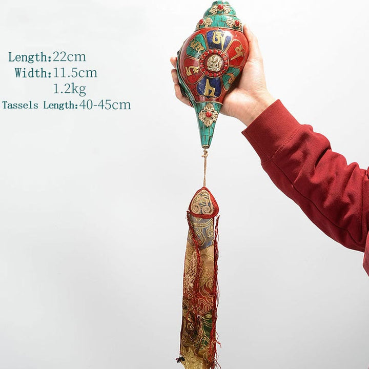 Tibetano hecho a mano Shankha Om Mani Padme Hum Buda Avalokitesvara turquesa Concha decoración positiva - Om Mani Padme Hum 22*11,5 cm - image 23