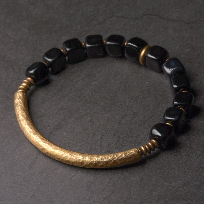Pulsera de pareja de fuerza de cobre y cristal de obsidiana negra con Buddha Stones - 17-17,5 cm - image 1