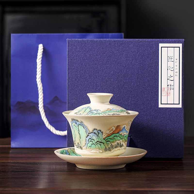 Buddha Stones, un panorama de ríos y montañas, flores, taza de té de cerámica Gaiwan Sancai, taza de té de Kung Fu y platillo con tapa