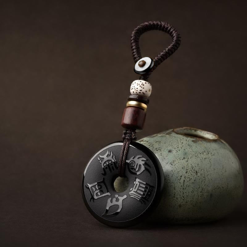 Buddha Stones Obsidiana Negra Taoísmo Cinco Montañas Sagradas Talladas Fuerza Paz Hebilla Collar Colgante Llavero Teléfono Colgante Decoración