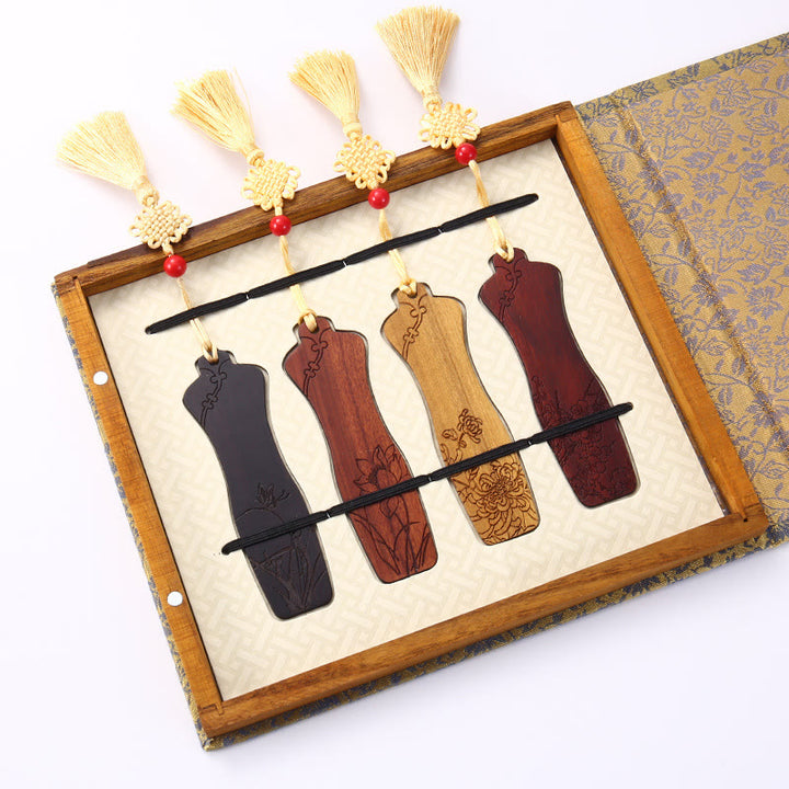 Buddha Stones, 4 Uds., cuatro estaciones, ciruela, orquídea, bambú, crisantemo, ópera de Pekín, marcapáginas de madera con caja de regalo