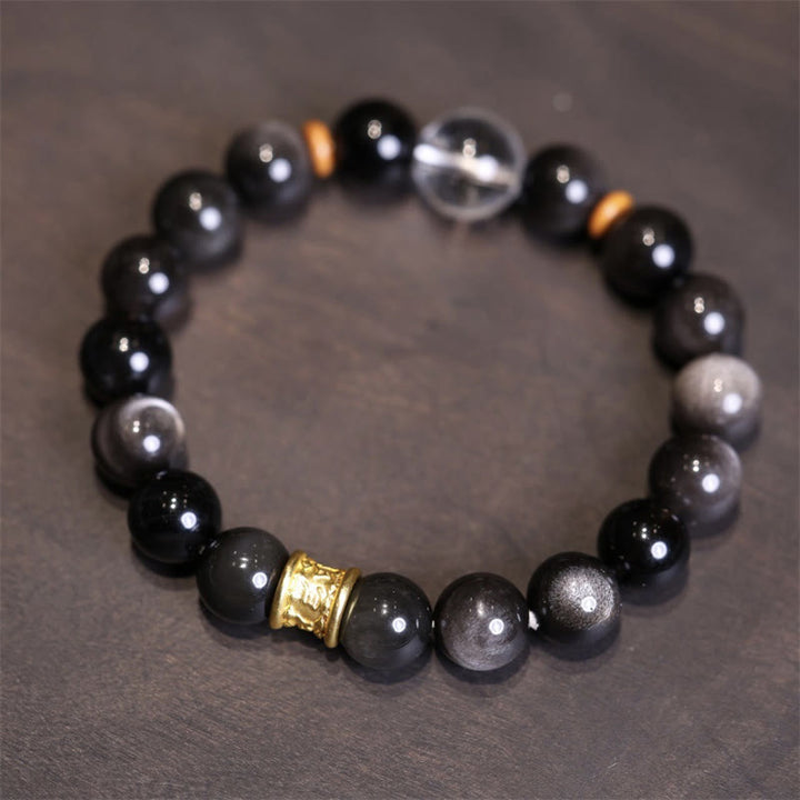 Pulsera de protección de cuentas Om Mani Padme Hum de cristal de obsidiana brillante de plata Natural con Buddha Stones