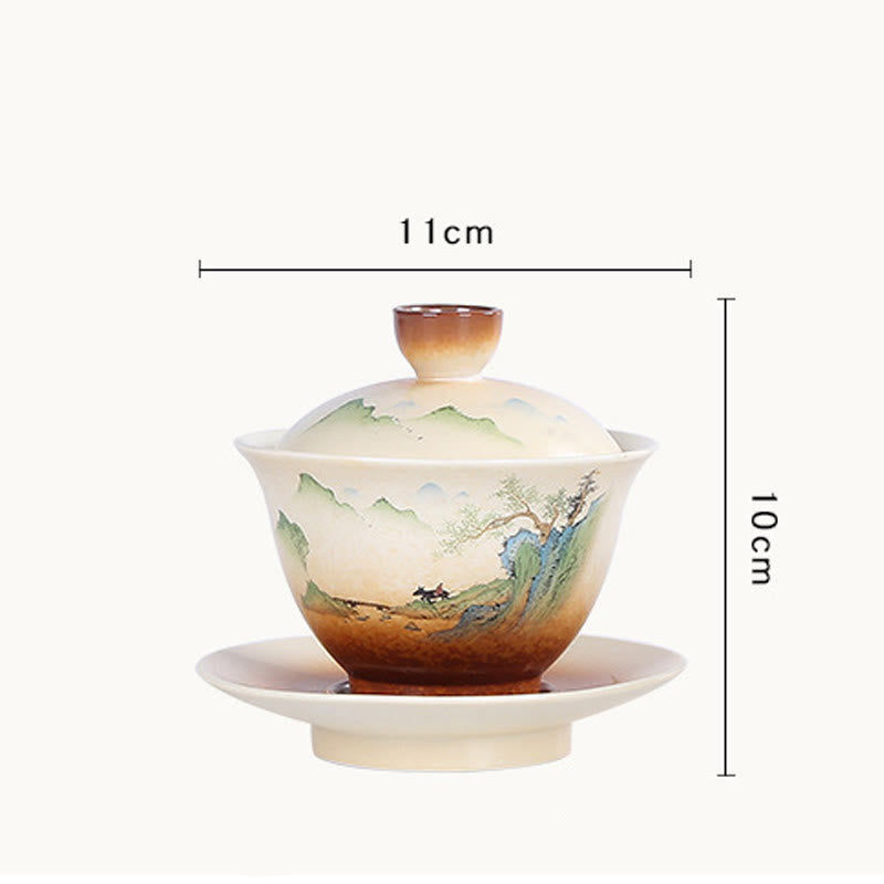 Taza de té y platillo con tapa, cerámica Gaiwan Sancai, paisaje de montaña, Buddha Stones, Kung Fu