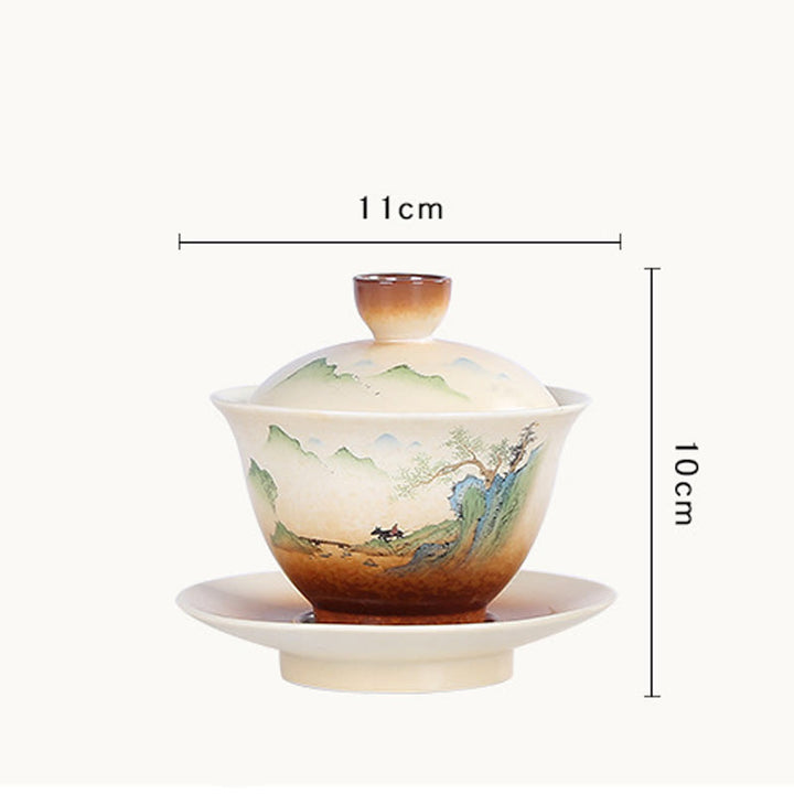 Taza de té y platillo con tapa, cerámica Gaiwan Sancai, paisaje de montaña, Buddha Stones, Kung Fu