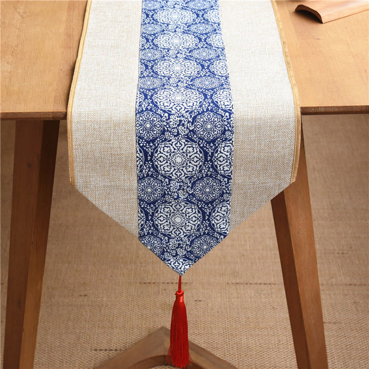 Camino de mesa con borlas de lino y algodón, Buddha Stones, estilo chino clásico, loto, pez Koi, flor, grulla, caligrafía, iluminación