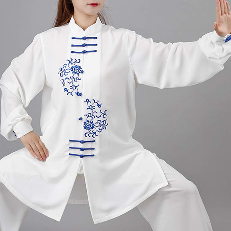 Buddha Stones Conjunto de ropa unisex para práctica de meditación, oración, tai chi y qigong con bordado de flores - image 2
