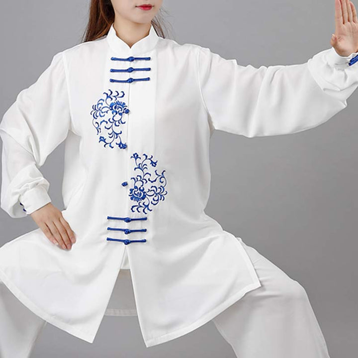 Buddha Stones Conjunto de ropa unisex para práctica de meditación, oración, tai chi y qigong con bordado de flores - image 2