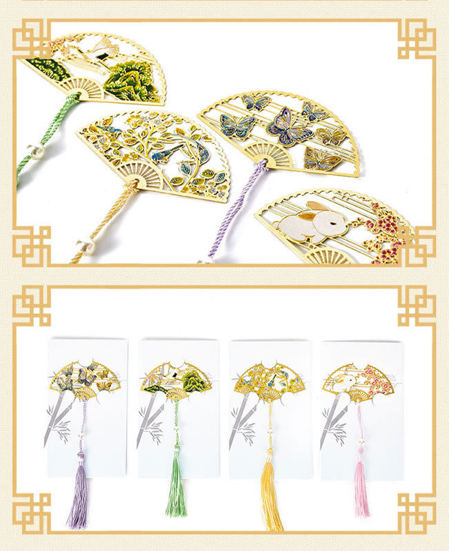 Buddha Stones, mariposa tradicional, flor de loto, grúa, dragón, Fénix, zorro, pez Koi, nuevo comienzo, marcapáginas de abanico hueco de Metal y latón
