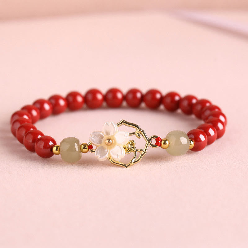 Pulsera de bendición de flores de piedra Tridacna con cuentas de jade cinabrio Natural de Buddha Stones